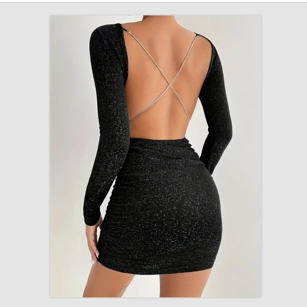 Backless Bodycon Dress, Y2K Long Sleeve Glitter Dress